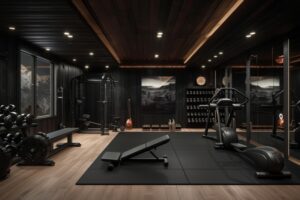 A black-themed home gym