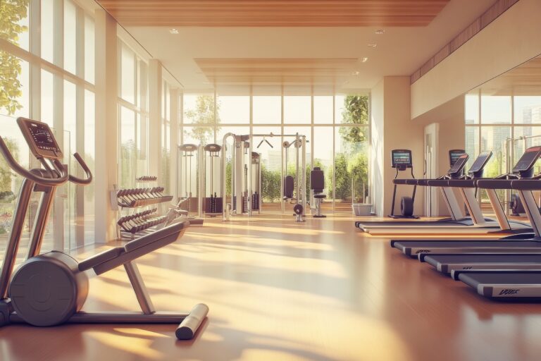 sunlight filtering through a room with treadmills and workout equipment