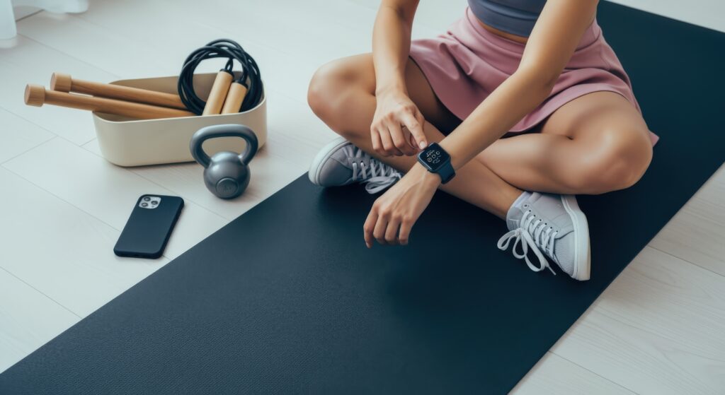 woman sitting on a yoga mat with a smart watch